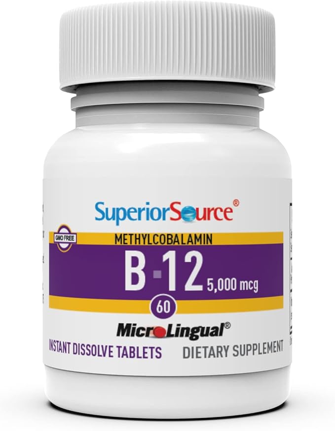 Superior Source No Shot Methylcobalamin B-12 5000 mcg - Vitamin B-12 to Support Energy Production, Brain Health & Overall Wellness - Sublingual Tablets for Fast Absorption - 60 Dissolving Tablets