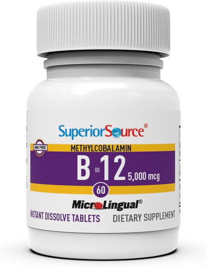 Superior Source No Shot Methylcobalamin B-12 5000 mcg - Vitamin B-12 to Support Energy Production, Brain Health & Overall Wellness - Sublingual Tablets for Fast Absorption - 60 Dissolving Tablets