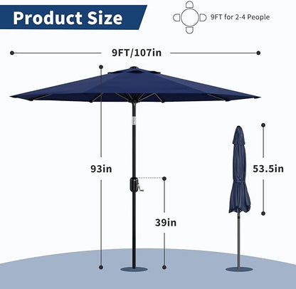 9Ft Patio Umbrella - 8 Sturdy Ribs Outdoor Table Umbrella with Crank Lift & Push Button Tilt - Market Umbrella for Pool, Deck, Yard, Garden - Navy Blue