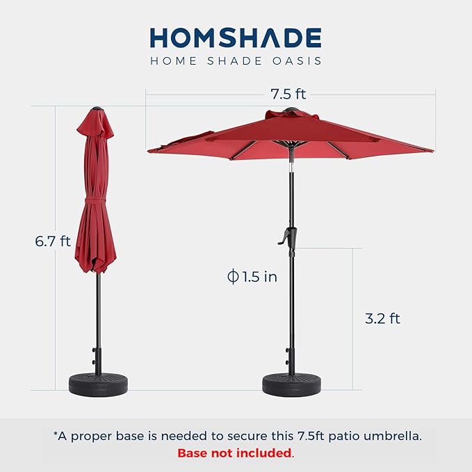 7.5ft Outdoor Patio Umbrella - Market Table Pool Deck Umbrella UPF50+ UV Protection with Push Button Tilt, Crank and 6 Sturdy Ribs (Red, No base)