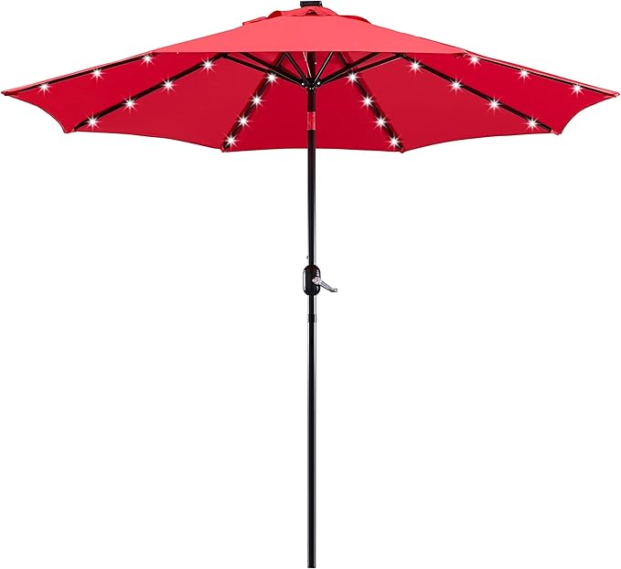 Yaheetech 9FT Solar Powered Patio Umbrella - UV Protection Market Table Umbrella w/ 32 LED Lights & Push Button Tilt & Crank Lift System for Garden/Lawn/Deck/Backyard/Pool,Red