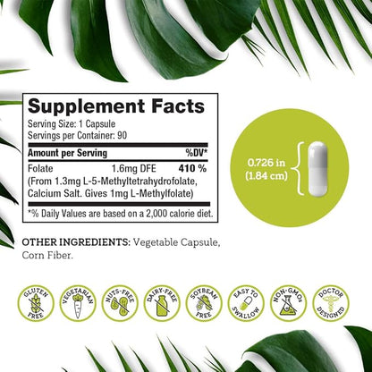 DSO L Methylfolate 1mg (5 MTHF Supplement) - 90 Vegan Capsules (1 mg) - Active L Methyl Folate Supplement for Homocysteine Control - Folic Acid Vitamin - Eco-Friendly Packaging