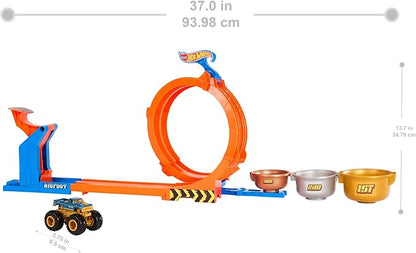 Hot Wheels Monster Trucks Toy Truck & Track Set, Loop-and-Flip Trophy Challenge Playset & 1:64 Scale 50th Anniversary Die-Cast Bigfoot, 2 Ways to Play