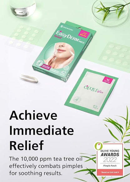 EasyDerm Relief Invisible Patch 2 Packs(84 counts) Contains 10,000 ppm of Tea Tree Oil, Pimple Patch, Ultra slim 0.1mm, Waterpoof, Korean Pimple Patches