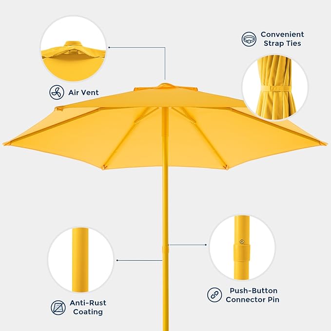 7.5ft Outdoor 1S Push-Up Patio Umbrella - Market Table Pool Deck Umbrella UPF50+ UV Protection with 6 Sturdy Ribs for Balcony, Garden, Lawn, Backyard (Light Yellow)