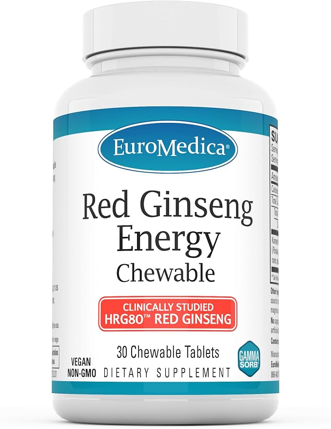 Euromedica Red Ginseng Energy - Supplement to Support Healthy Energy & Focus - Herbal Supplement with Korean Red Ginseng Root Powder - Vegan Tablets to Aid Healthy Endurance - 30 Chewable Tablets