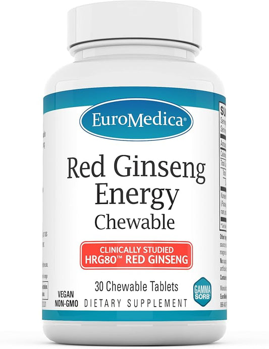 Euromedica Red Ginseng Energy - Supplement to Support Healthy Energy & Focus - Herbal Supplement with Korean Red Ginseng Root Powder - Vegan Tablets to Aid Healthy Endurance - 30 Chewable Tablets
