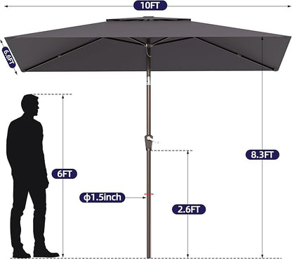 6.6x10ft Rectangular Patio Umbrella, 2 Tiers Outdoor Table Umbrellas with Push Button Tilt and Crank for Patio, Pool, Backyard, Deck, Picnic, Yard (Grey)