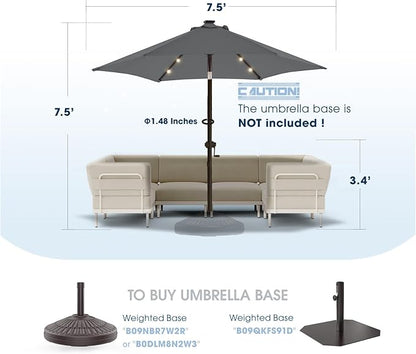 wikiwiki 7.5ft Solar Led Patio Umbrella, Sturdy Outdoor Market Umbrella for Deck, Pool, Garden w/Tilt, Crank, 18 LED Lights, Dark Gray