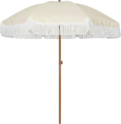 AMMSUN 7ft Patio Umbrella with Fringe Outdoor Tassel Umbrella UPF50+ Premium Steel Pole and Ribs Push Button Tilt, Light Beige