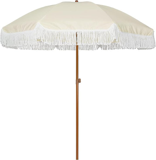 AMMSUN 7ft Patio Umbrella with Fringe Outdoor Tassel Umbrella UPF50+ Premium Steel Pole and Ribs Push Button Tilt, Light Beige