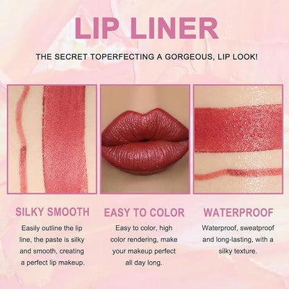 2-in-1 Mauve Red Lip Liner & Lipstick Set Kit for Women, Matte Lips Kit with Lip Liner Lip Stains Long Lasting Waterproof 24 Hour Lipstick and Lip Liners Combo Lipliners Pencil Set 08