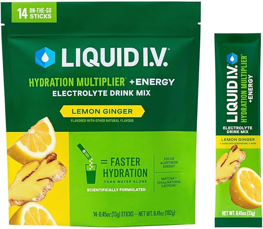 Liquid I.V.® Hydration Multiplier +Energy - Lemon Ginger | Electrolyte Powder Drink Mix | 1 Pack (14 Servings)