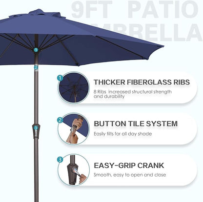 PatioKingdom 9FT Patio Outdoor Umbrella-UPF 50+ Sun Shade with Wind Vent, Push-Button Tilt & Smooth Crank Lift, Rust-Resistant Fiberglass Frame for Garden, Backyard,Yard