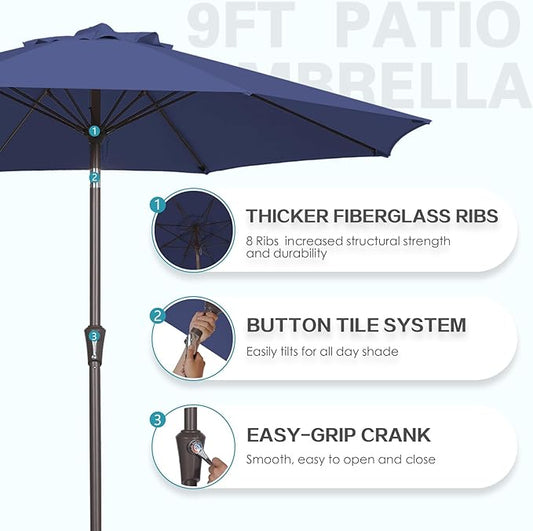 PatioKingdom 9FT Patio Outdoor Umbrella-UPF 50+ Sun Shade with Wind Vent, Push-Button Tilt & Smooth Crank Lift, Rust-Resistant Fiberglass Frame for Garden, Backyard,Yard