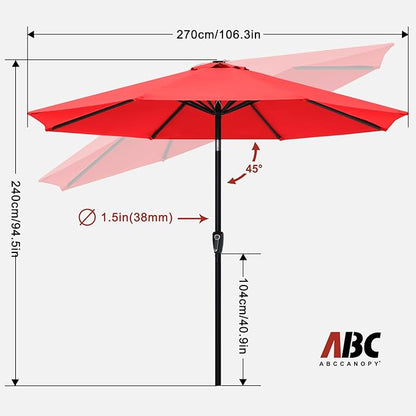 ABCCANOPY 9FT Outdoor Patio Umbrella, 8 Ribs Table Umbrella w/Crank for Easy Set Up, Suitable for Garden, Lawn, Deck & Backyard (Red)