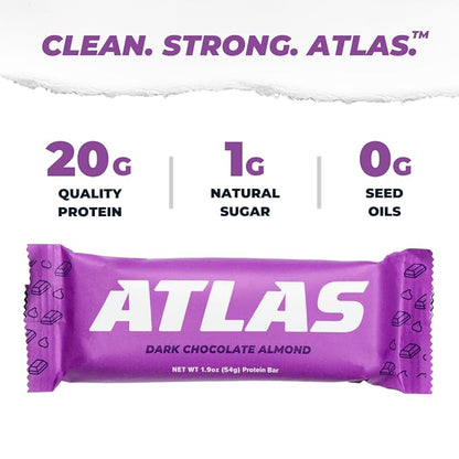 Atlas Protein Bar, 20g Protein, 1g Sugar, Clean Ingredients, Gluten Free (Dark Chocolate Almond, 12 Count (Pack of 2))