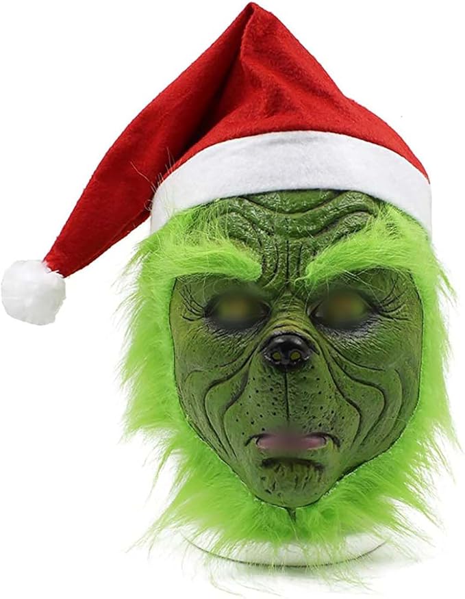 Green Monster Mask Halloween Costume Cosplay Mask Green Latex Scary Full Head Mask Santa Hat Party Prop Christmas Decorations
