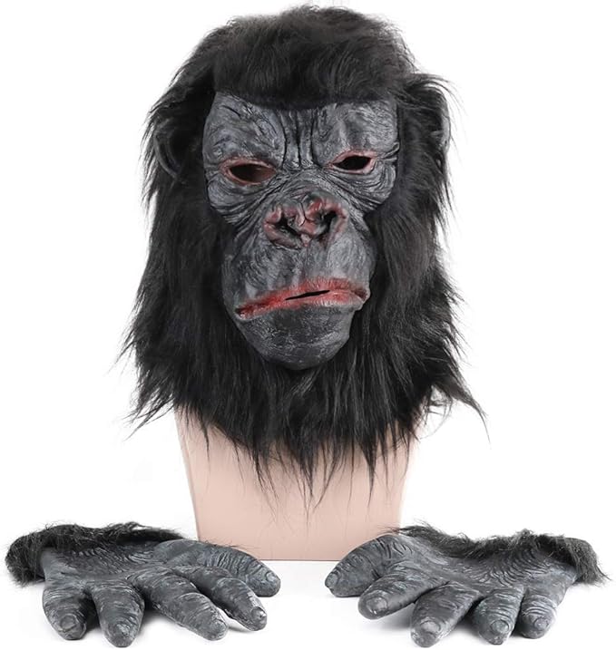 Latex Animal Gorilla Mask with Gloves - Gorilla Head Mask Set for Halloween Costume Black