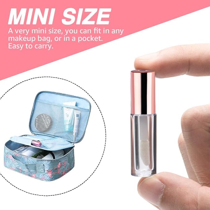 AMORIX 50PCS Mini Lip Gloss Tubes with Wand 1.2ml Empty Lip Gloss Containers Refillable Travel Lip Balm Bottles for Samples with 5ml Syringes DIY Lip Gloss Base + Tag Labels (Rose Gold)