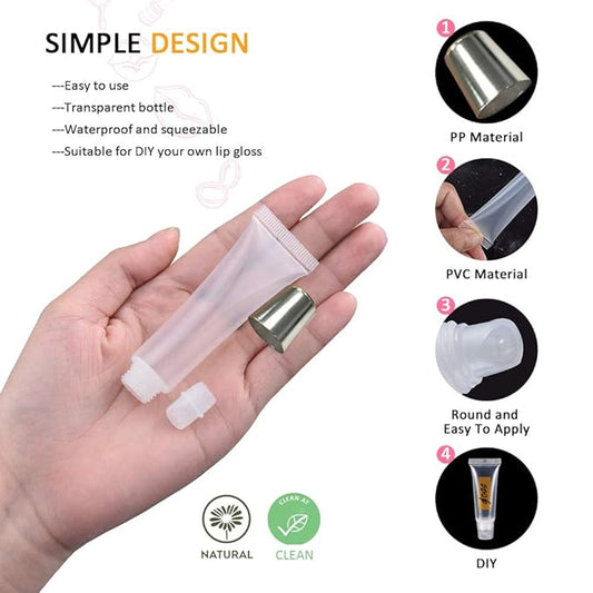 AMORIX 50PCS Matte Silver Lip Gloss Tubes 10ml Empty Lip Gloss Containers Lip Balm Tubes Refillable Cosmetic Squeeze Tubes for Lip Gloss Base Glitter with 2 x Syringes + 28pcs Tag Labels Stickers