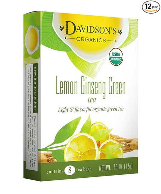 Davidson's Organics, Lemon Ginseng Green, 8-count Tea Bags, Pack of 12