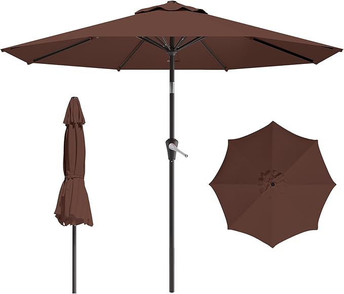 9 FT Patio Umbrella for Outdoor, Outdoor Umbrella with Push Button Tilt and Crank, Outdoor Patio Umbrellas with 8 Sturdy Ribs for Market, Garden, Deck, Backyard, Pool (Brown)