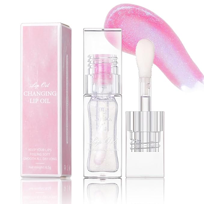 Magic Color Changing Lip Oil Ph, Glitter Lip Gloss, Upgraded Big Brush Head Moisturizing Lip Oil Long Lasting Nourishing Lip Glow Oil Non-Sticky Primer Lip Tint (# 01, 0.3 Oz)