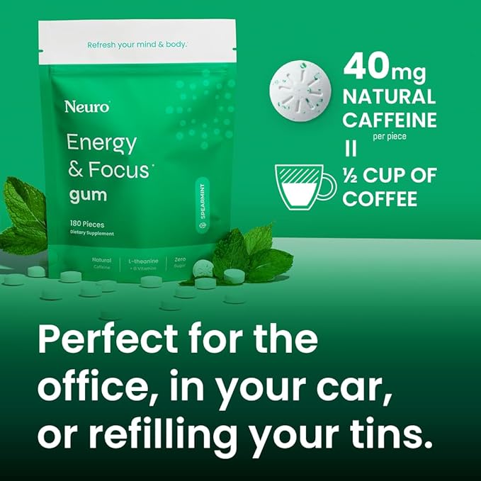 NeuroGum Energy Caffeine Gum (90 Pieces) - Sugar Free with L-theanine + Natural Caffeine + Vitamin B12 & B6 - Nootropic Energy & Focus Supplement for Women & Men - Keto & Vegan, Spearmint Flavor