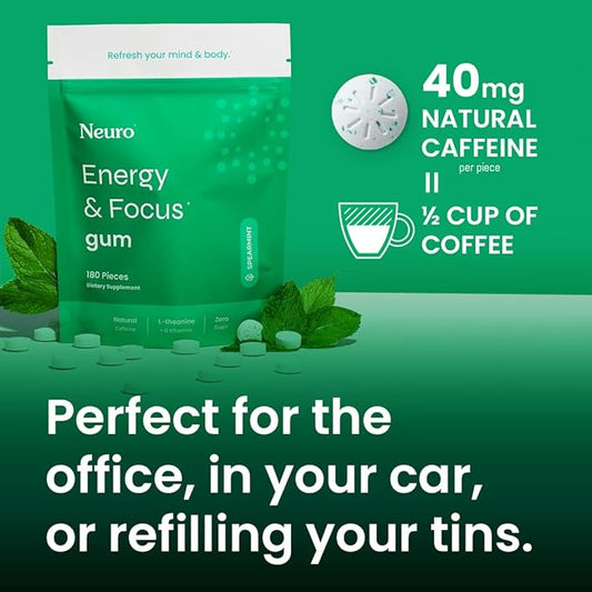 NeuroGum Energy Caffeine Gum (90 Pieces) - Sugar Free with L-theanine + Natural Caffeine + Vitamin B12 & B6 - Nootropic Energy & Focus Supplement for Women & Men - Keto & Vegan, Spearmint Flavor