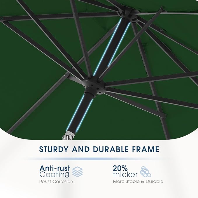 wikiwiki 9 FT Patio Umbrellas Outdoor Table Market Umbrella with Push Button Tilt/Crank, 8 Sturdy Ribs, Fade Resistant Waterproof POLYESTER DTY Canopy for Garden, Lawn, Backyard & Pool, Dark Green