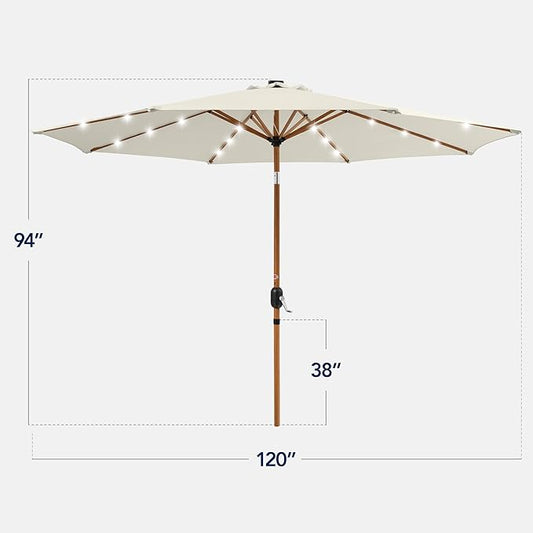 Best Choice Products 10ft Solar Market Patio Umbrella w/Woodgrain Pattern Pole, LED Lights, Tilt & Crank – Outdoor Sun Shade for Backyard Table, Deck, Poolside – Ivory