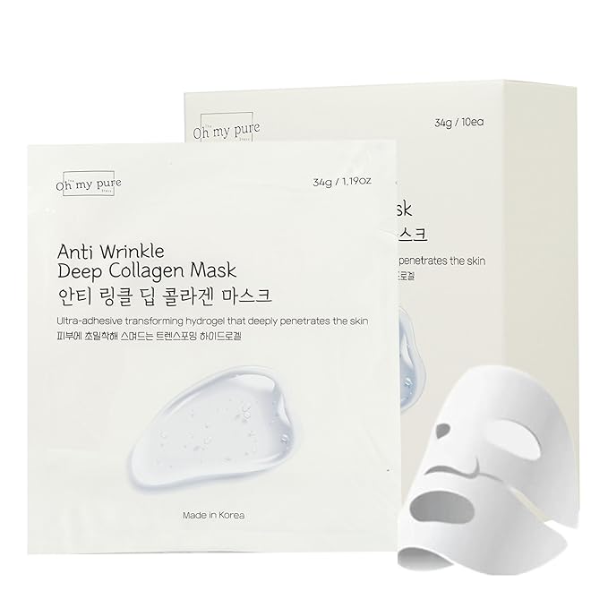 OHMYPURE Hydrogel AntiWrinkle Deep Collagen Face Mask 10 EA Ultimate Hydration, Improves Skin Texture, Affordable Luxury, Glowing Skin, Reduces Fine Lines & Wrinkles, Made in Korea (10, Deep Collagen)
