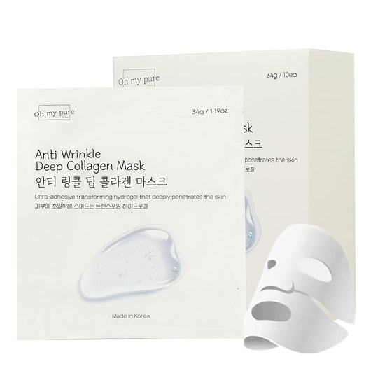 OHMYPURE Hydrogel AntiWrinkle Deep Collagen Face Mask 15 EA Ultimate Hydration, Improves Skin Texture, Affordable Luxury, Glowing Skin, Reduces Fine Lines & Wrinkles, Made in Korea (15, Deep Collagen)