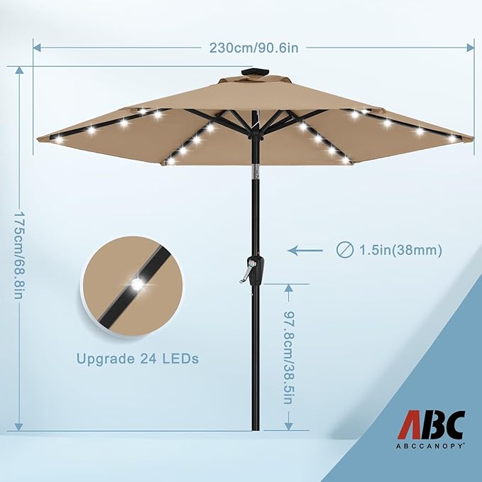 ABCCANOPY Durable Solar Led Patio Umbrellas with 24LED Lights 7.5FT with 6 Sturdy Ribs (Tan)