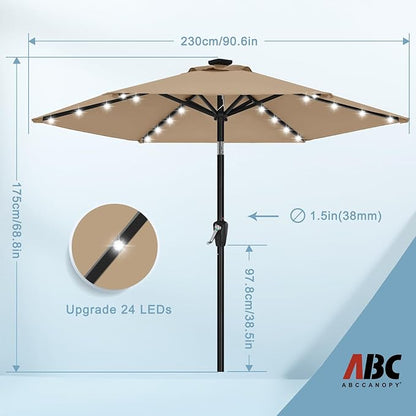 ABCCANOPY Durable Solar Led Patio Umbrellas with 24LED Lights 7.5FT with 6 Sturdy Ribs (Tan)
