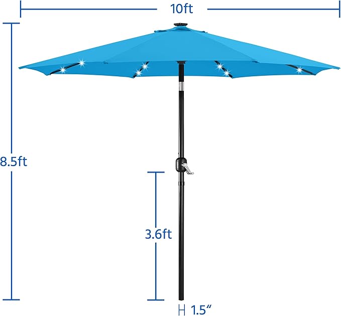 Yaheetech 10FT Solar Patio Umbrella 32 LED Lighted Outdoor Table Market Umbrella with 8 Ribs/Tilt Adjustment and UV-Resistant, Sky Blue