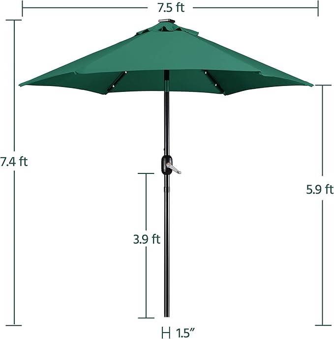 Yaheetech 7.5FT Solar Umbrella LED Lighted Patio Umbrella Waterproof & UV Protection, Market Sunshade w/Tilt and Crank for Backyard, Deck and Pool, Dark Green