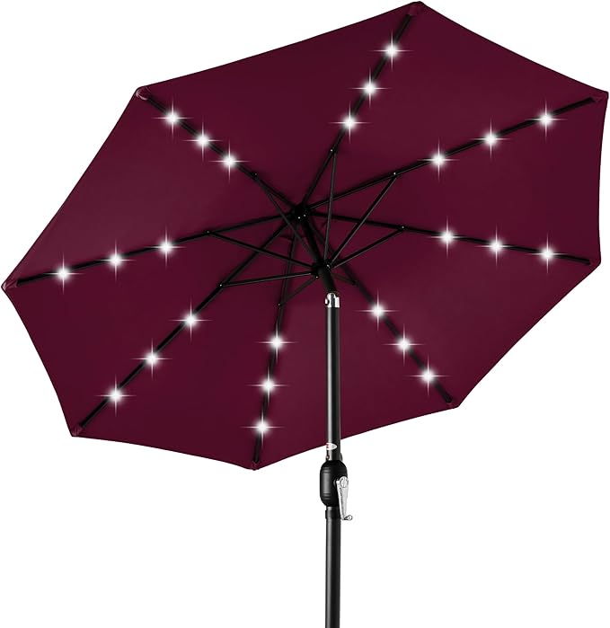 Best Choice Products 10ft Solar Polyester LED Lighted Patio Umbrella w/Tilt Adjustment and UV-Resistant Fabric - Burgundy