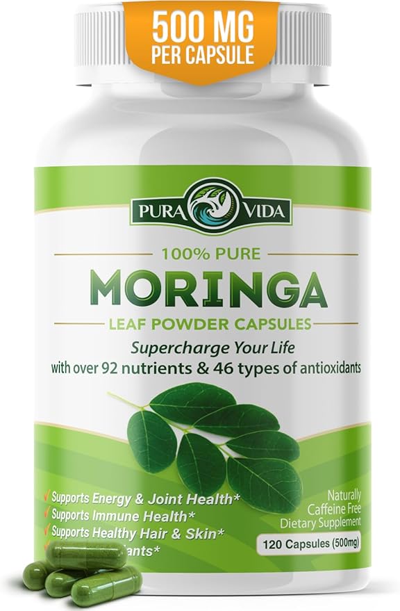 PURA VIDA MORINGA Capsules Single Origin Moringa Powder Organic. Moringa Leaf. Energy, Metabolism, & Immune Support. 120ct. 500mg Caps.