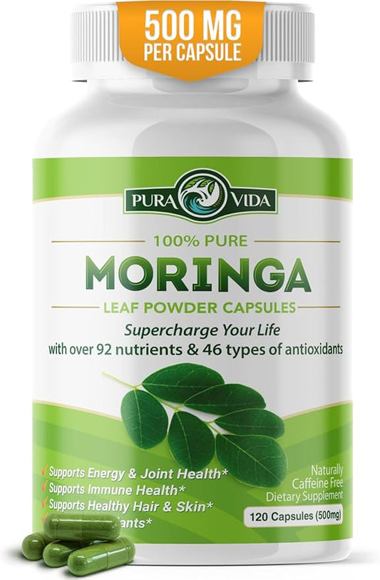 PURA VIDA MORINGA Capsules Single Origin Moringa Powder Organic. Moringa Leaf. Energy, Metabolism, & Immune Support. 120ct. 500mg Caps.