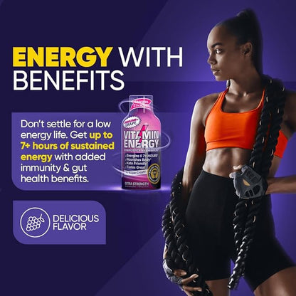 Vitamin Energy Immune+ Extra Strength Daily Energy Shot – Grape – 260mg Natural Caffeine, B-Vitamins, Green Tea, Citicoline – Immune & Focus Support – Zero Sugar, Vegan – 1.93 fl oz, 24-Pack