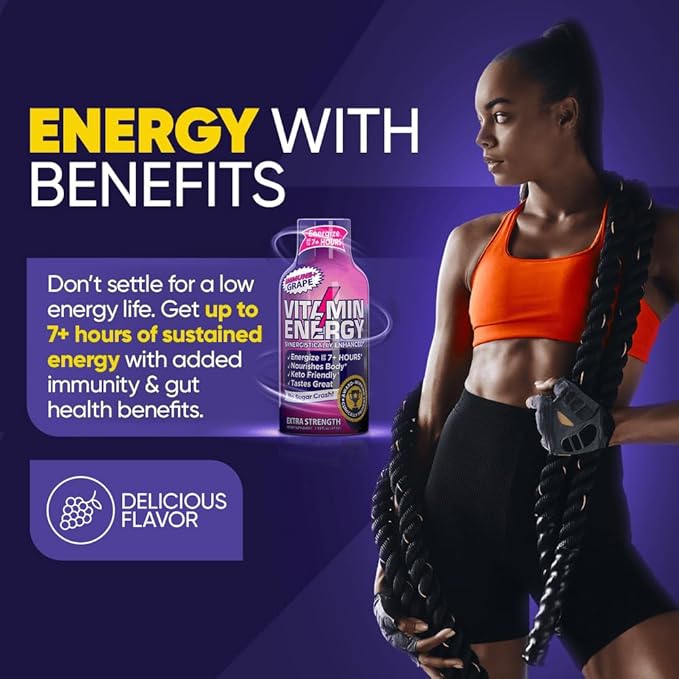 Vitamin Energy Immune+ Extra Strength Daily Energy Shot – Grape – 260mg Natural Caffeine, B-Vitamins, Green Tea, Citicoline – Immune & Focus Support – Zero Sugar, Vegan – 1.93 fl oz, 48-Pack