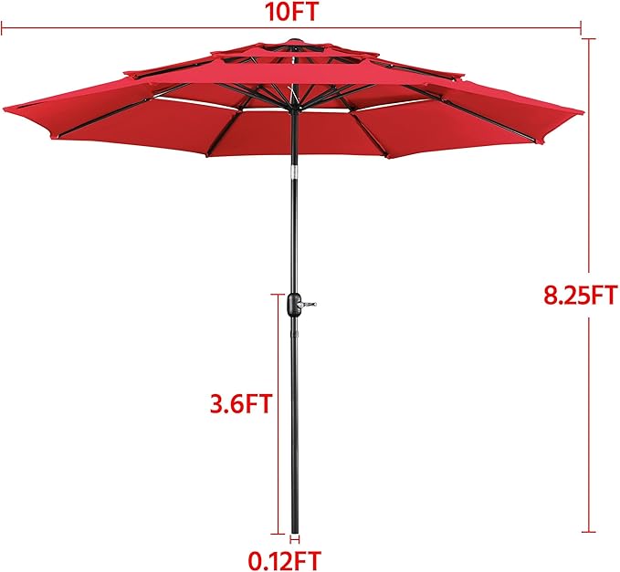 Yaheetech 3 Tier Patio Umbrella 10ft Vented Outdoor Large Market Table Umbrella with 8 Sturdy Ribs and 1.5" Umbrellla Pole, Double-layer Cloth & Push-button Tilting & Crank for Pool/Garden/Lawn Red