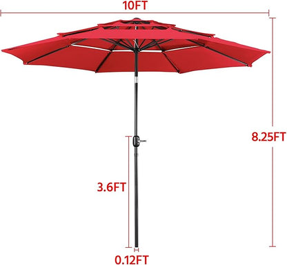 Yaheetech 3 Tier Patio Umbrella 10ft Vented Outdoor Large Market Table Umbrella with 8 Sturdy Ribs and 1.5" Umbrellla Pole, Double-layer Cloth & Push-button Tilting & Crank for Pool/Garden/Lawn Red