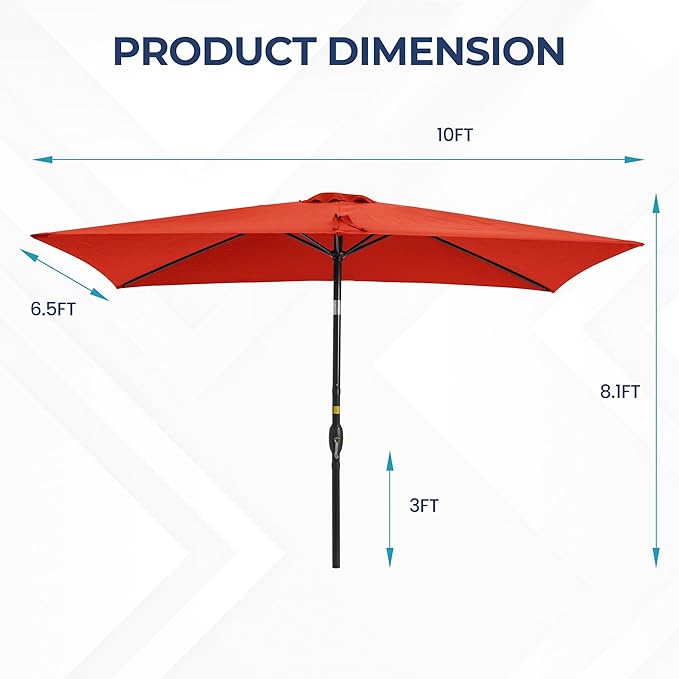 SUNVIVI OUTDOOR Patio Umbrella, 6.5' x 10' Rectangular Patio Umbrella, Metal Pole Square Outdoor Umbrella with Crank and Push Button Tilt, 6 Steel Ribs, Polyester Canopy