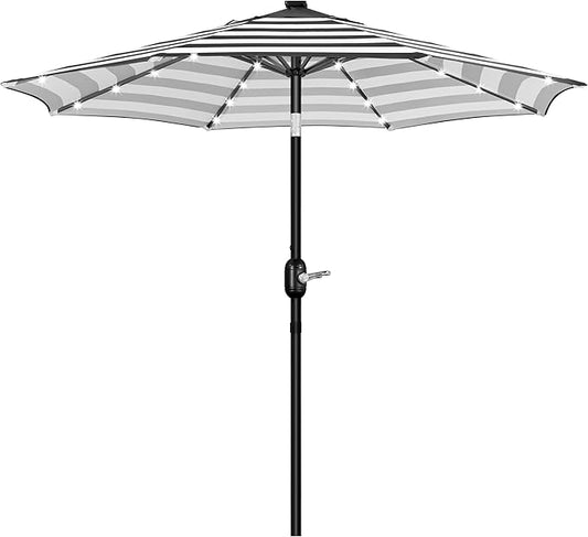 Yaheetech 9FT Solar Patio Umbrella 32 LED Lighted Table Umbrella with 8 Ribs/Tilt & Crank Lift System for Garden/Lawn/Deck/Backyard/Pool, Black/White