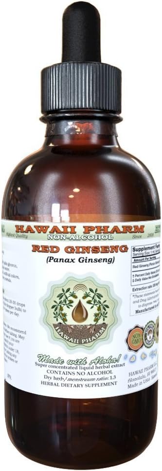 Red Ginseng Alcohol-Free Liquid Extract, Organic Red Ginseng (Panax Ginseng) Dried Root Glycerite Natural Herbal Supplement, Hawaii Pharm, USA 2 fl.oz