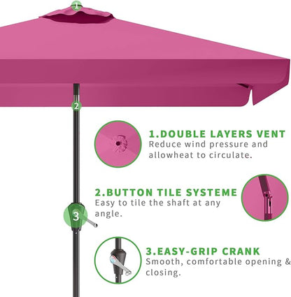 6.5 * 10FT Rectangular Patio Umbrella Table Market Umbrella w/Tilt and Crank Outdoor Umbrellas for Garden, Deck, Backyard, Pool and Beach, Rose Pink