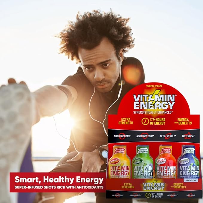Vitamin Energy Extra Strength Daily Energy Shot – Variety Pack – 260mg Caffeine, B-Vitamins, Vitamin D, Rhodiola – Mood, Focus, Strength, Immunity – Zero Sugar, Vegan, Kosher – 1.93 fl oz, 12-Pack
